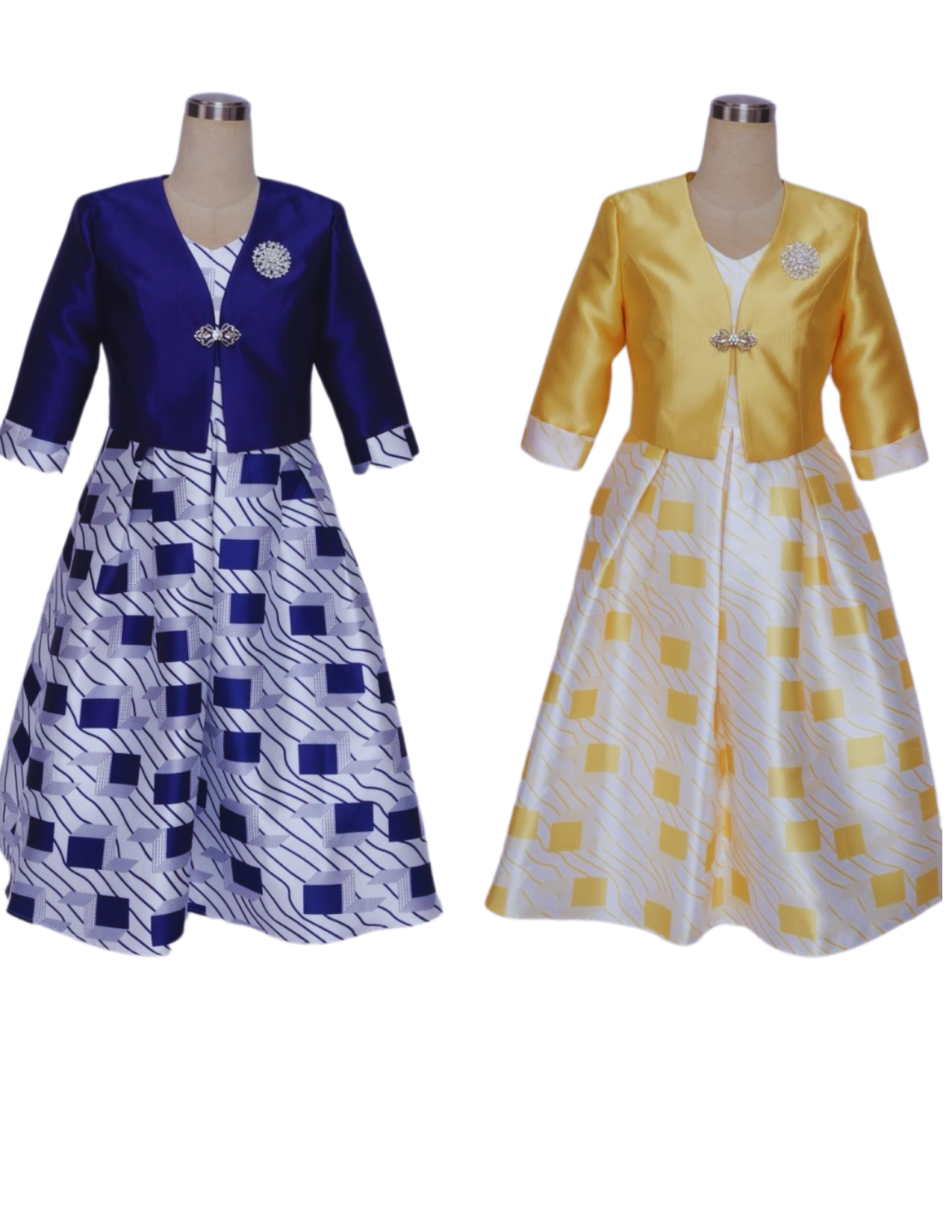 Square and line print dress with solid jacket